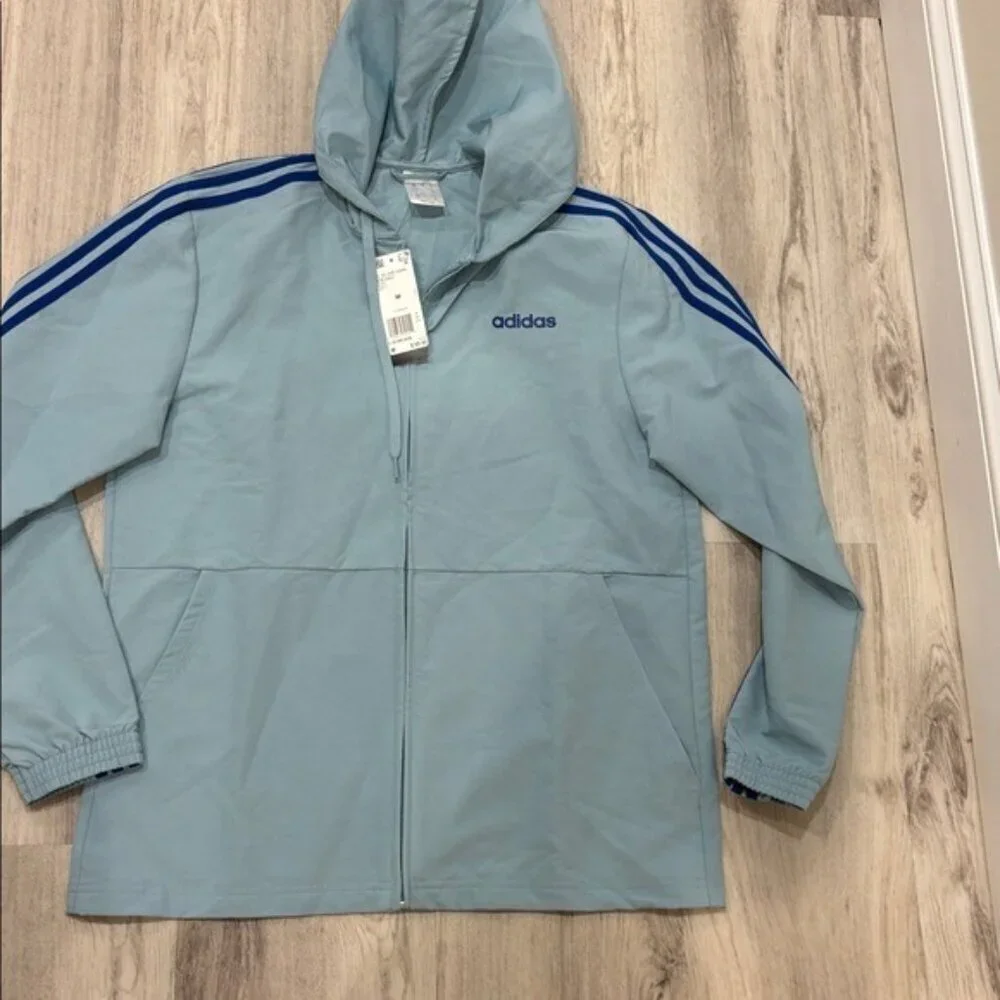 Adidas Men's Sky Blue Windbreaker with Hood MEN SIZE MEDIUM NWT